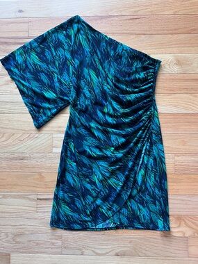 Bisou Bisou Teal Abstract One-Shoulder Dress